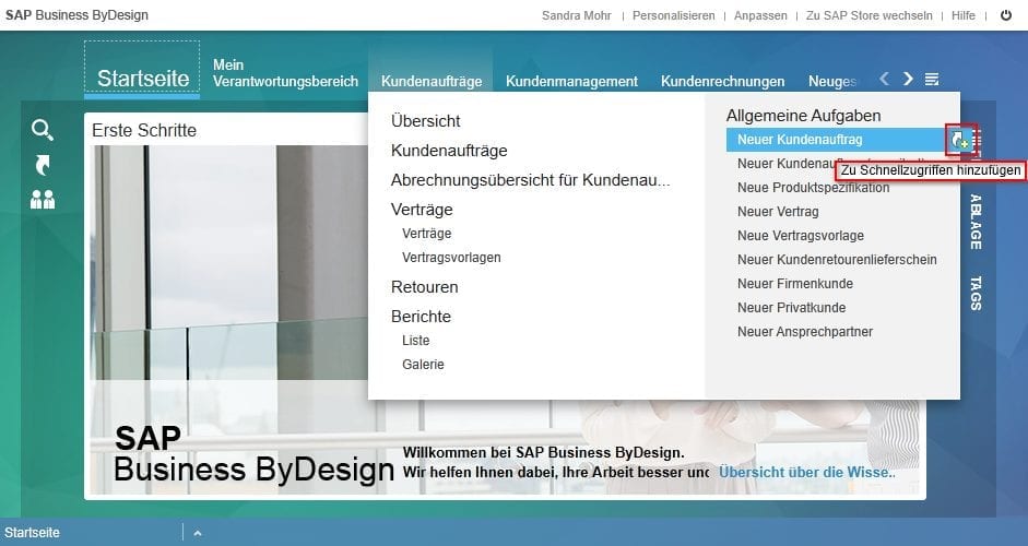 SAP Business ByDesign – Schnellzugriffe